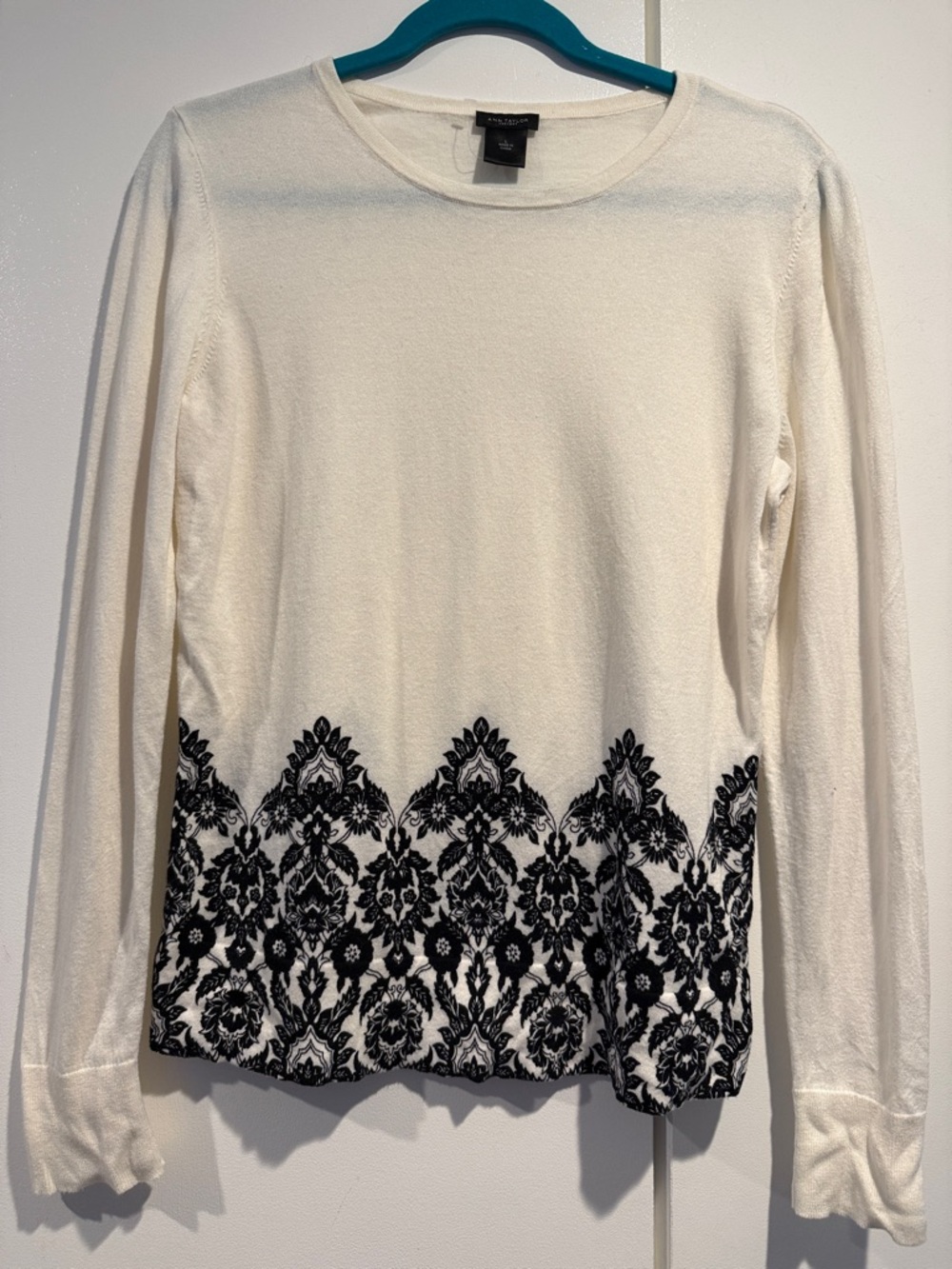 Ann Taylor Factory Cream Crewneck Sweater with Black Damask Hem